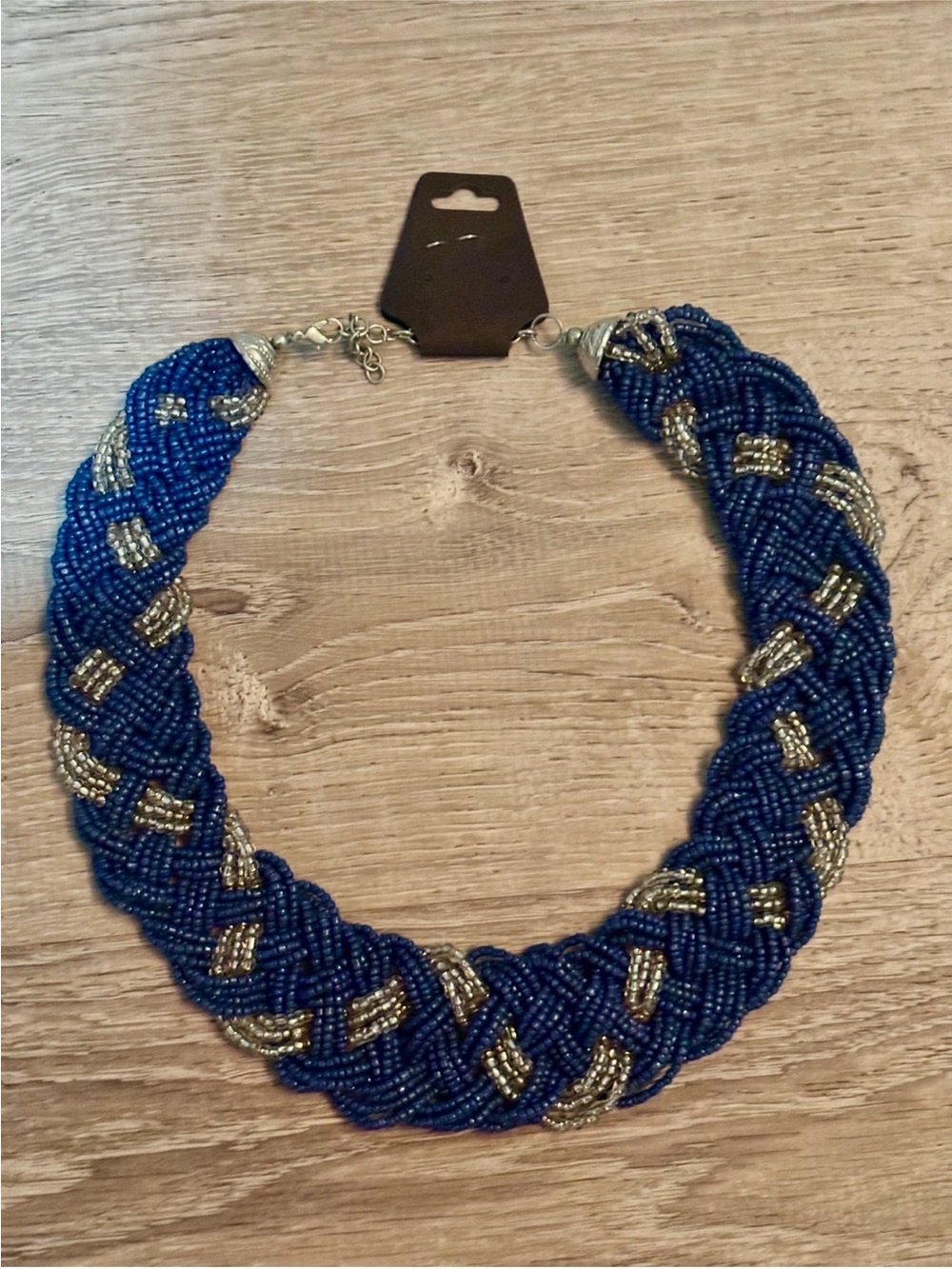💙New,Navy+silver braided necklace with silver accents and lobster claw closure.